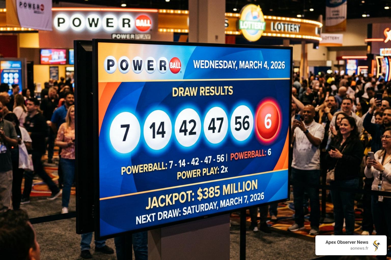 The March 4 winning numbers displayed on a digital screen - latest powerball results