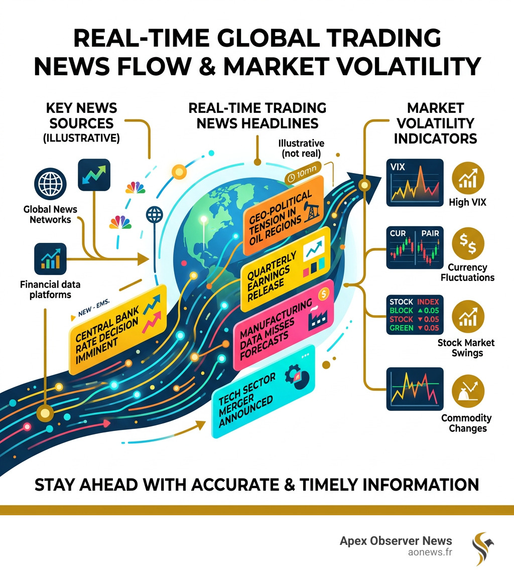 Infographic showing real-time flow of global trading news headlines, market volatility indicators, and key sources - trading