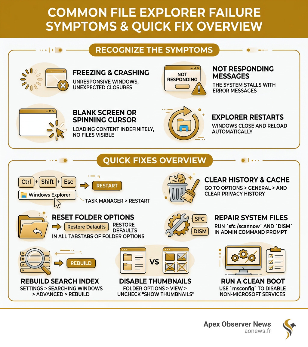 Common File Explorer failure symptoms and quick fix overview infographic - fix windows file explorer infographic 
