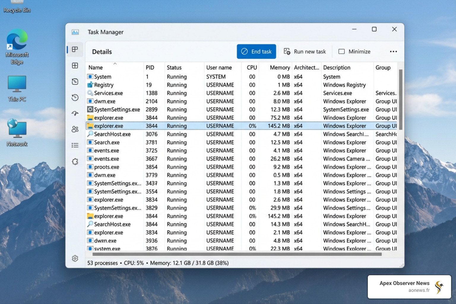 Task Manager process list showing explorer.exe - fix windows file explorer