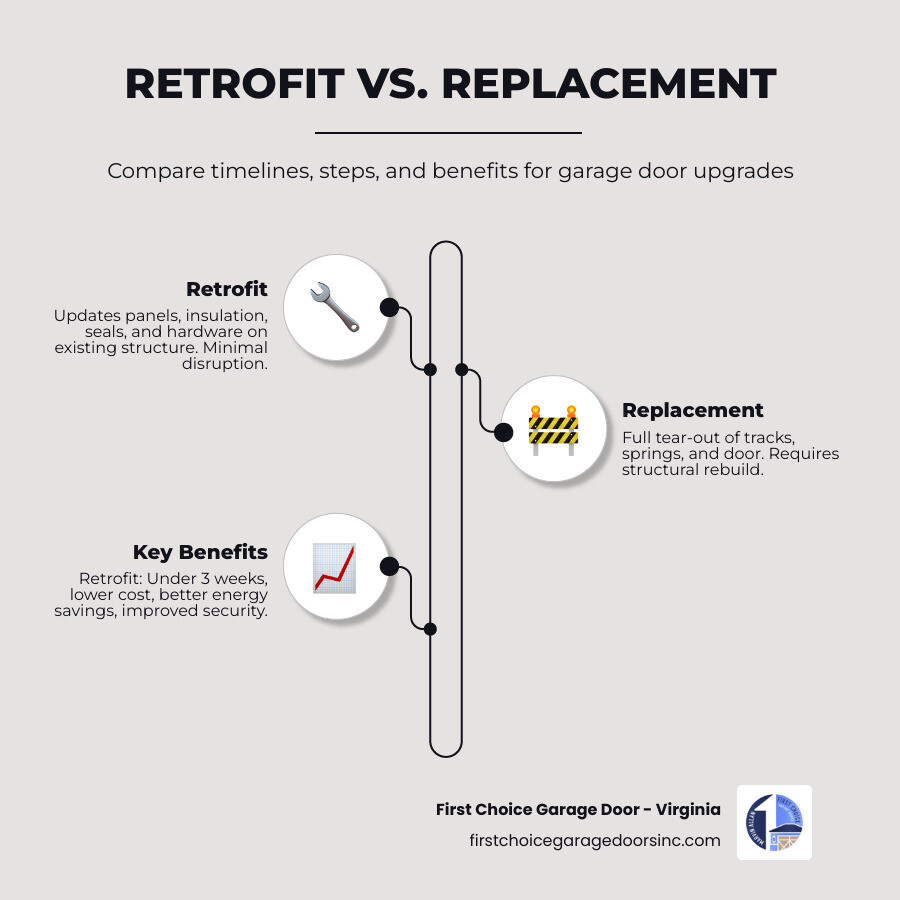 Infographic showing retrofit vs replacement: steps, timeline, benefits, and energy efficiency comparison - retrofit garage