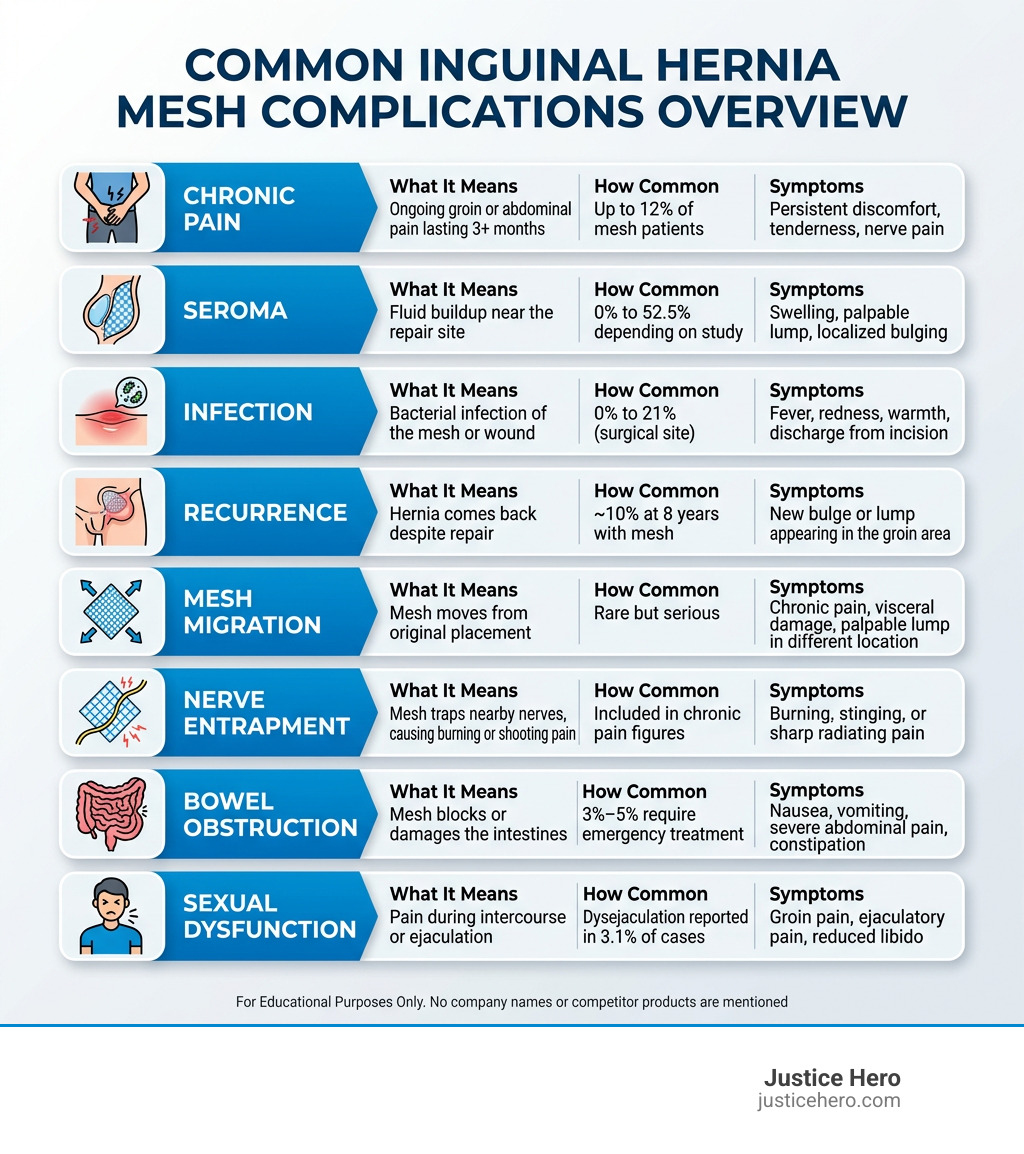 Common inguinal hernia mesh complications overview infographic with complication types, rates, and symptoms - inguinal