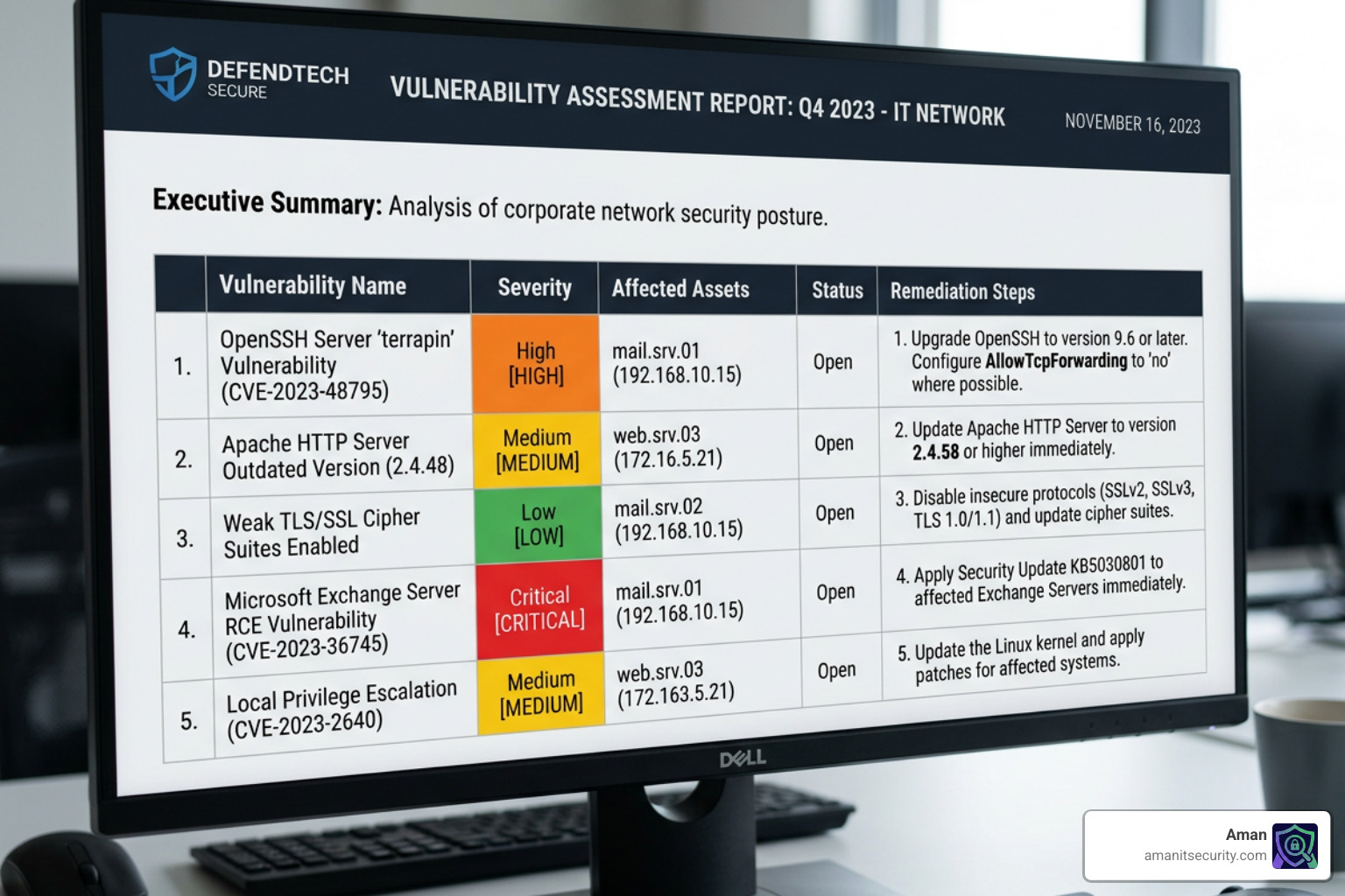 A detailed vulnerability assessment report showing severity levels and remediation steps - web app vulnerability scanner A detailed vulnerability assessment report showing severity levels and remediation steps - web app vulnerability scanner