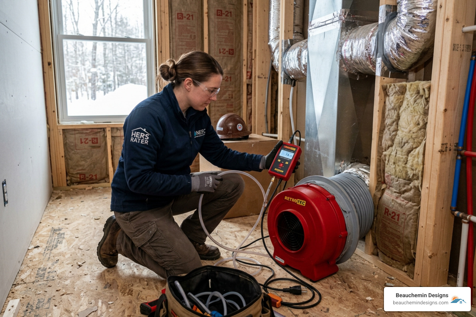 A HERS rater performing a duct leakage test on a new New England home - hers index score A HERS rater performing a duct leakage test on a new New England home - hers index score