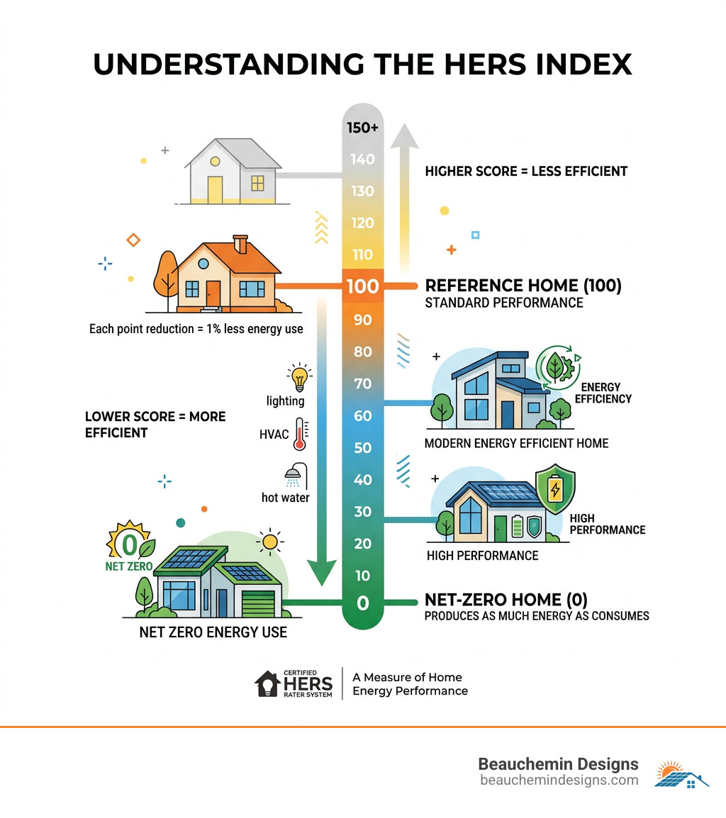 HERS Index scale infographic from 0 net-zero to 100 reference home showing energy efficiency ratings - resnet hers rater HERS Index scale infographic from 0 net-zero to 100 reference home showing energy efficiency ratings - resnet hers rater