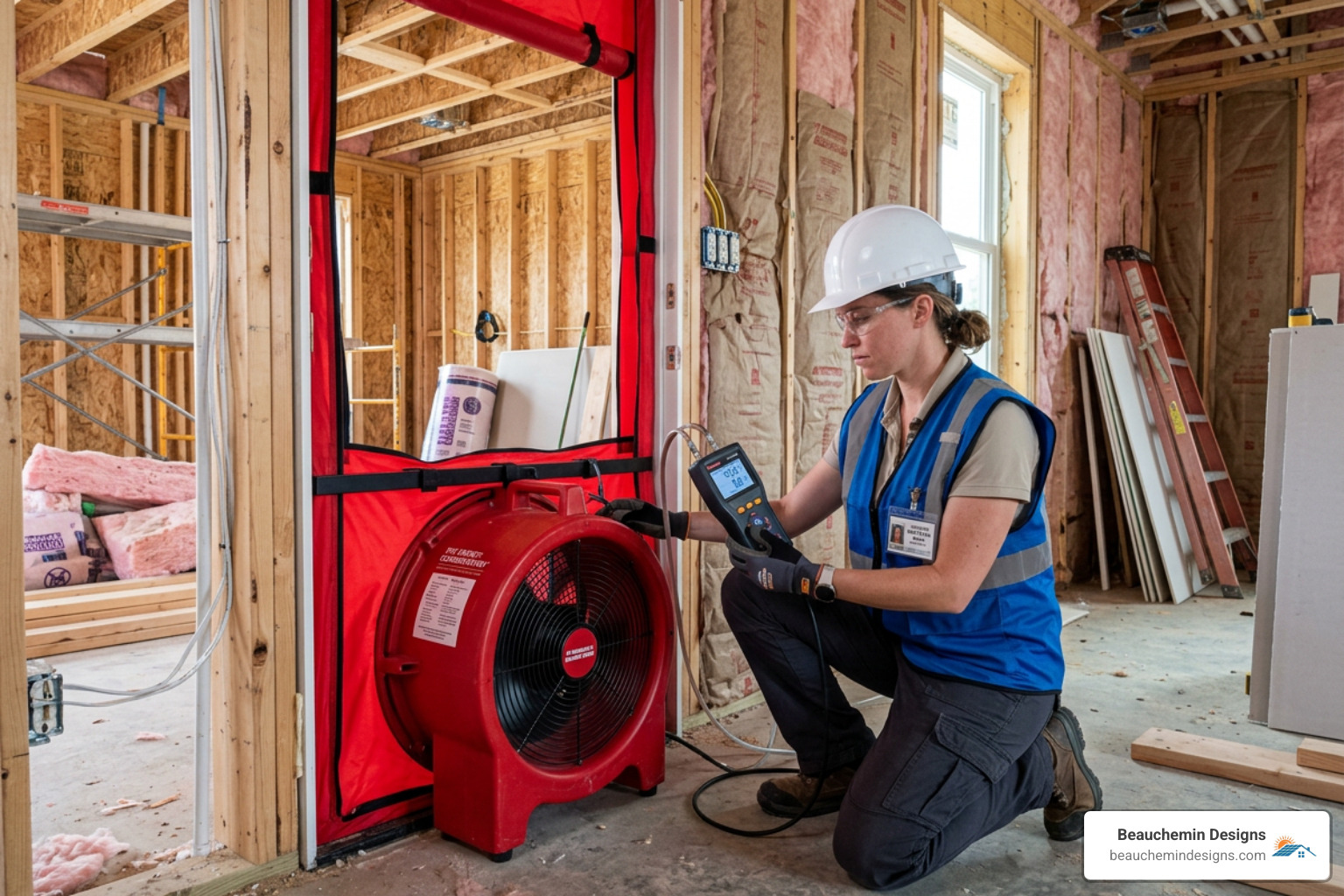 A certified HERS rater conducting a site inspection with a blower door fan - certified hers rater A certified HERS rater conducting a site inspection with a blower door fan - certified hers rater