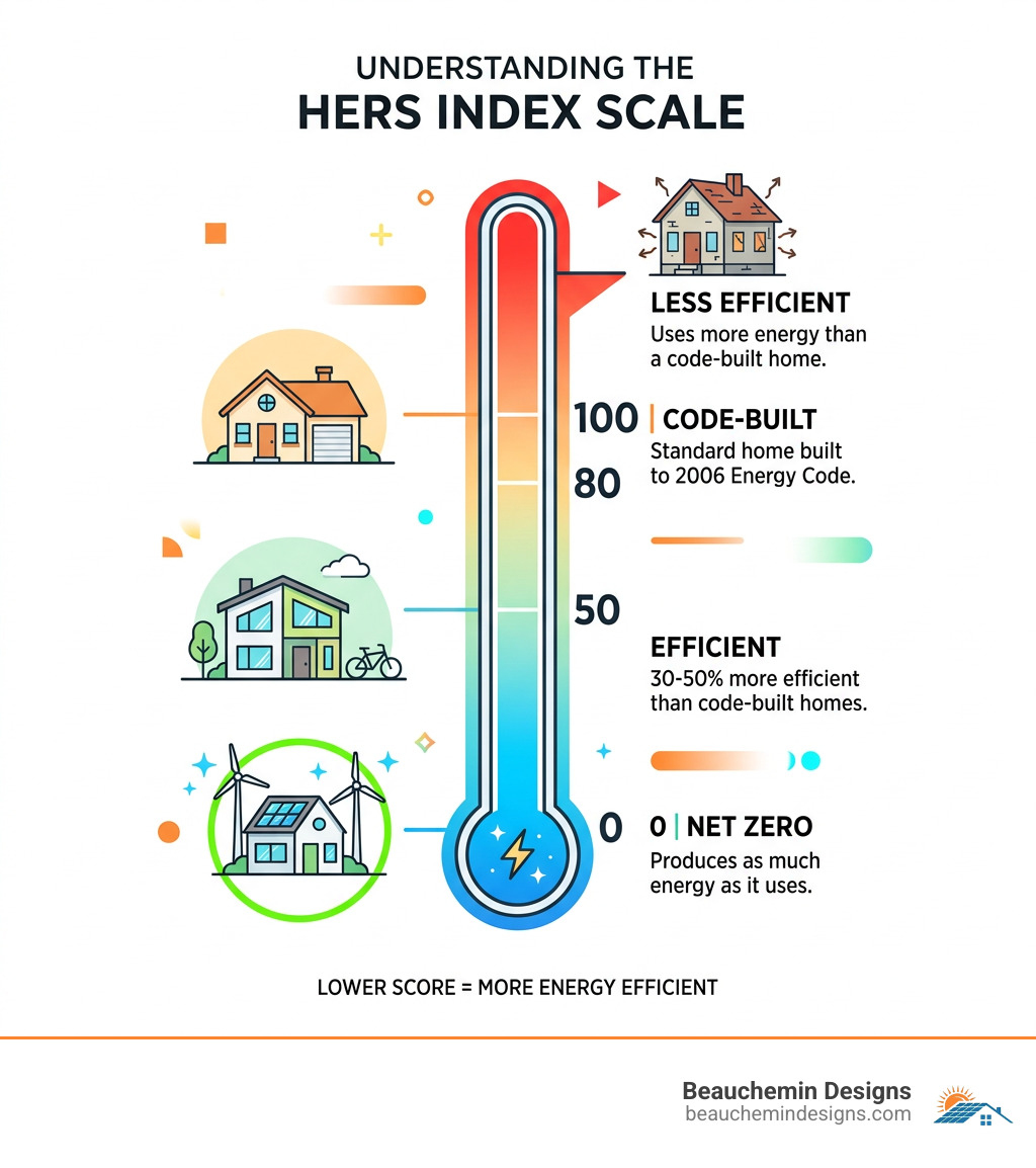 HERS Index scale from 0 to 100 showing net zero, efficient, code-built, and less efficient homes - certified hers rater HERS Index scale from 0 to 100 showing net zero, efficient, code-built, and less efficient homes - certified hers rater