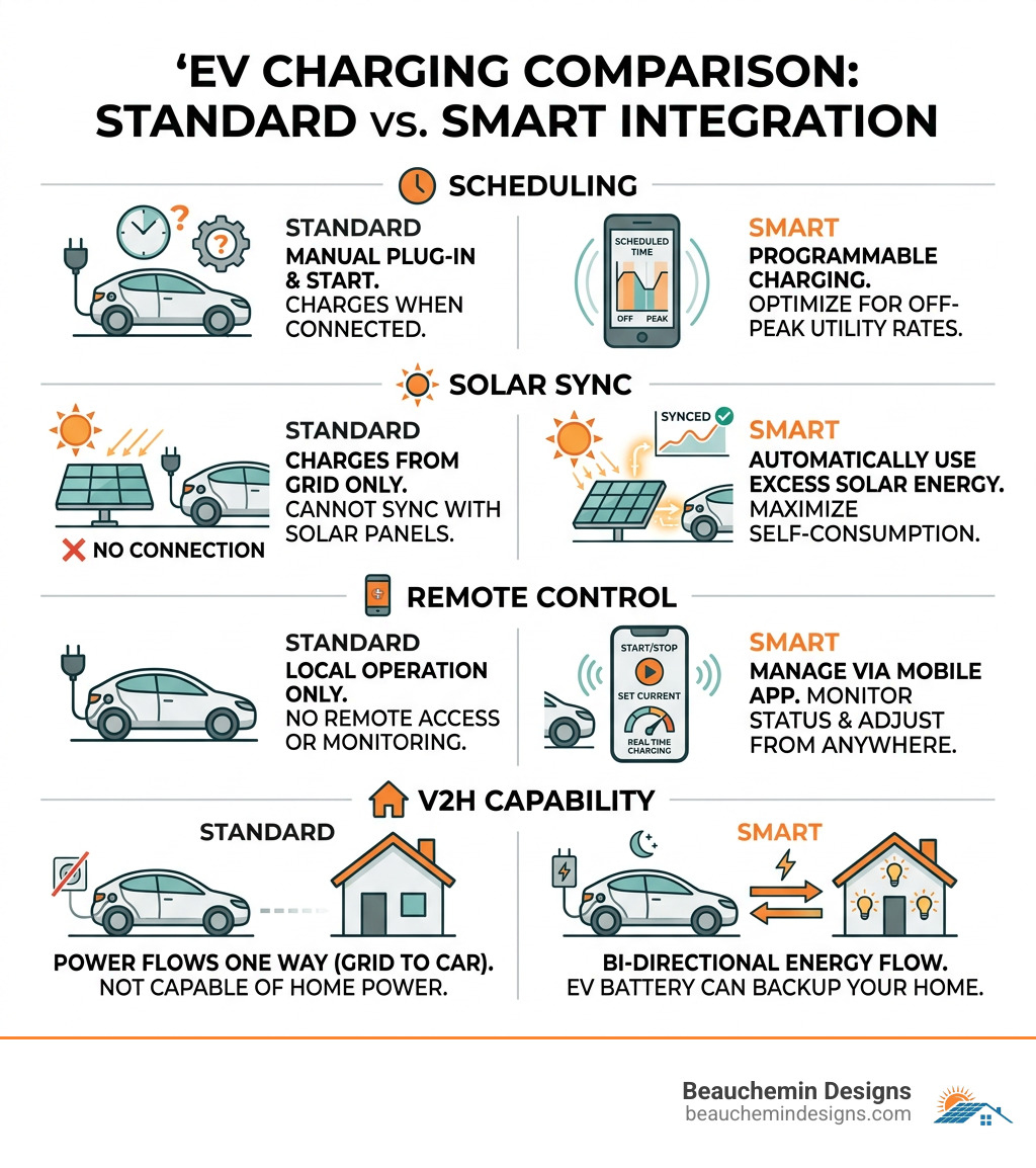 Infographic comparing standard vs smart EV charging: scheduling, solar sync, remote control, V2H capability - EV smart home Infographic comparing standard vs smart EV charging: scheduling, solar sync, remote control, V2H capability - EV smart home