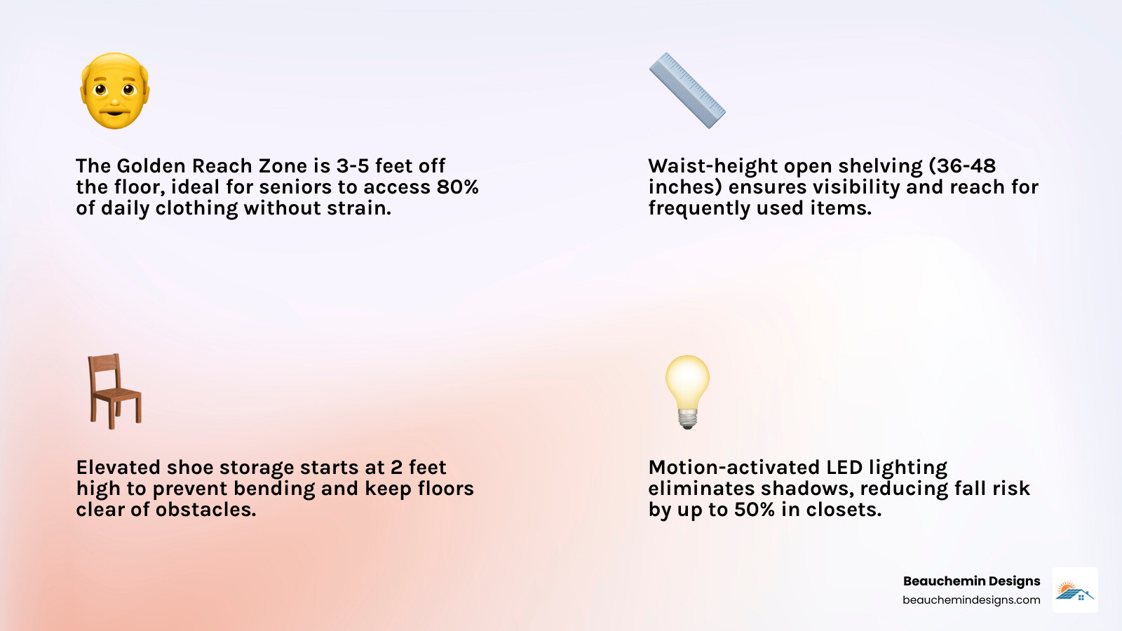 Infographic showing the Golden Reach Zone (3–5 feet off the floor) and key aging-friendly closet features - aging friendly Infographic showing the Golden Reach Zone (3–5 feet off the floor) and key aging-friendly closet features - aging friendly