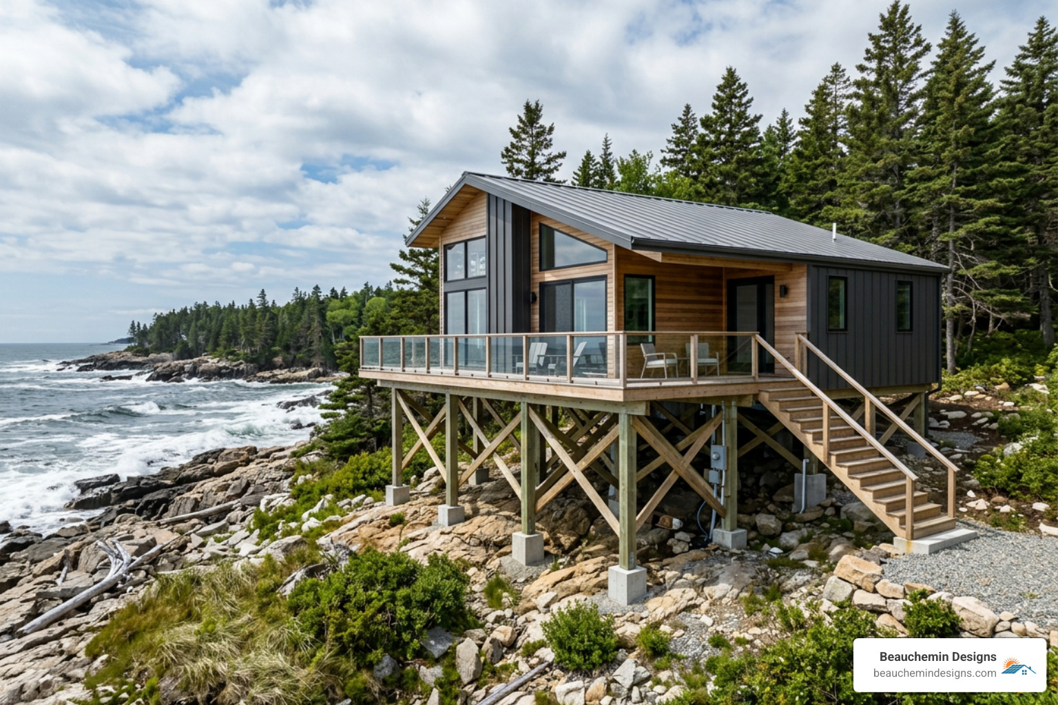 Home elevated on a pier foundation for flood protection in a coastal New England zone - climate adaptive house plans Home elevated on a pier foundation for flood protection in a coastal New England zone - climate adaptive house plans