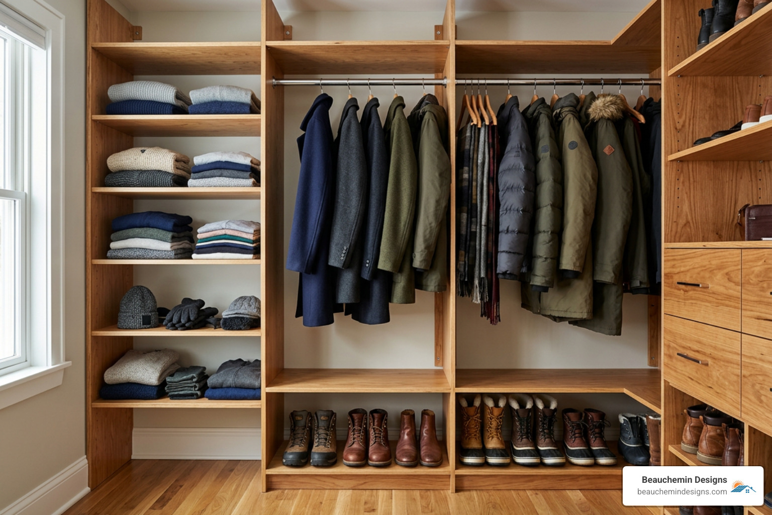 Modern floor-based built-in closet system showing wall-anchored stability - aging friendly closet systems Modern floor-based built-in closet system showing wall-anchored stability - aging friendly closet systems
