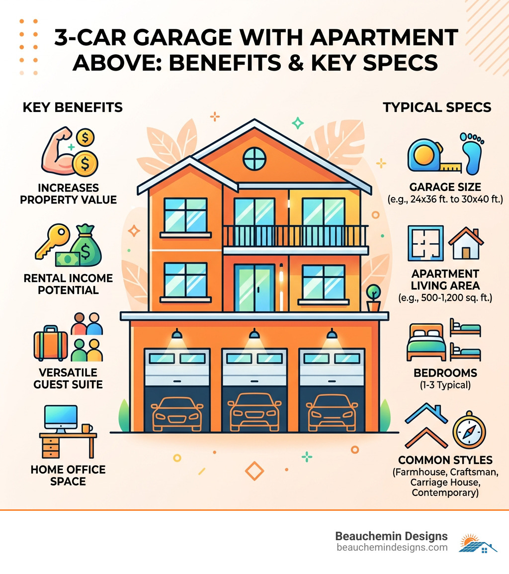 Benefits and key specs of a 3-car garage with apartment above layout - 3 car garage with apartment above infographic Benefits and key specs of a 3-car garage with apartment above layout - 3 car garage with apartment above infographic