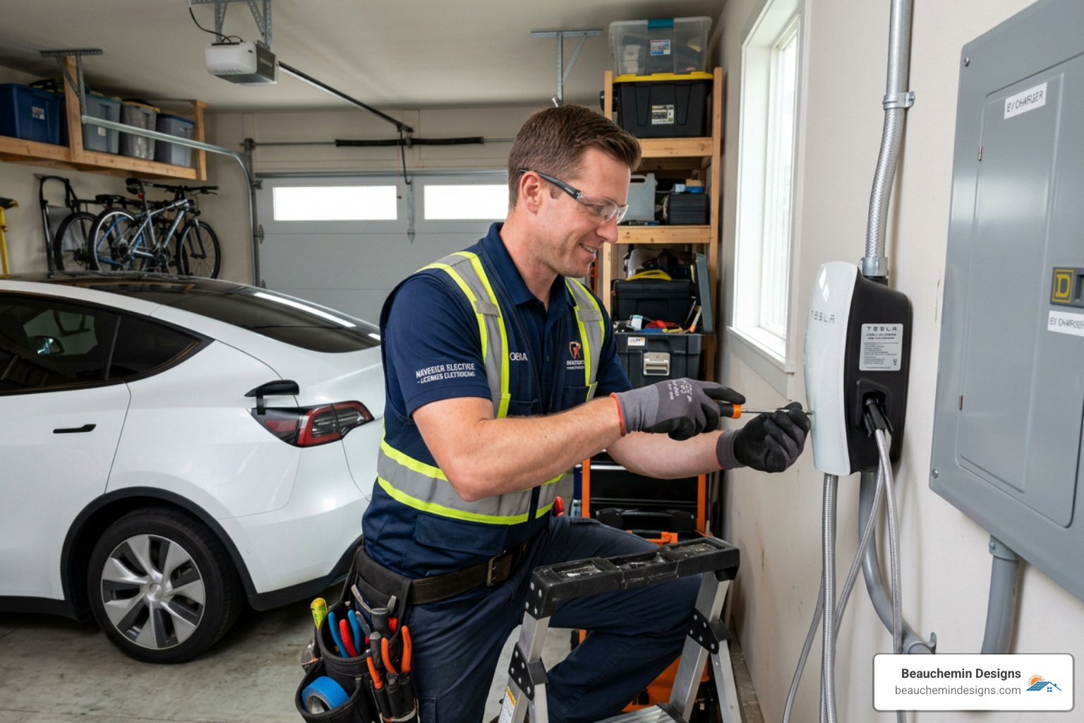Licensed electrician installing a Level 2 wall connector in a garage - EV charger home installations Licensed electrician installing a Level 2 wall connector in a garage - EV charger home installations