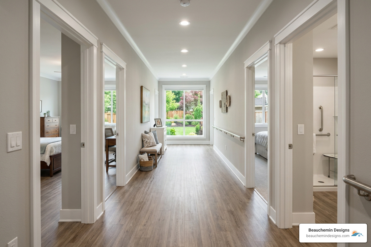 A wide well-lit hallway with no obstructions - aging in place homes A wide well-lit hallway with no obstructions - aging in place homes