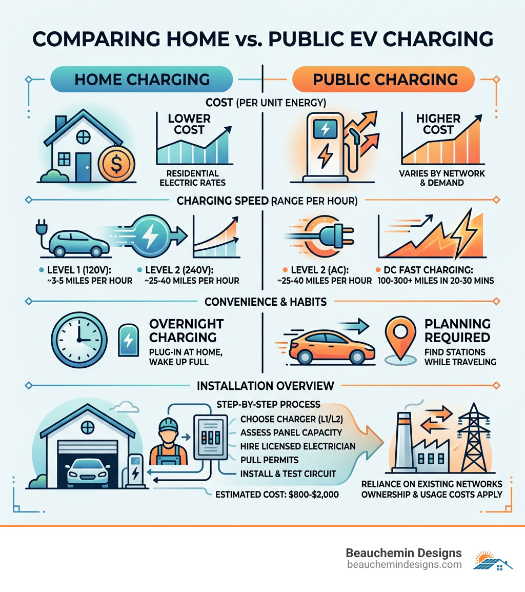Infographic comparing home vs public EV charging: cost, speed, convenience, and installation overview - EV charger home Infographic comparing home vs public EV charging: cost, speed, convenience, and installation overview - EV charger home