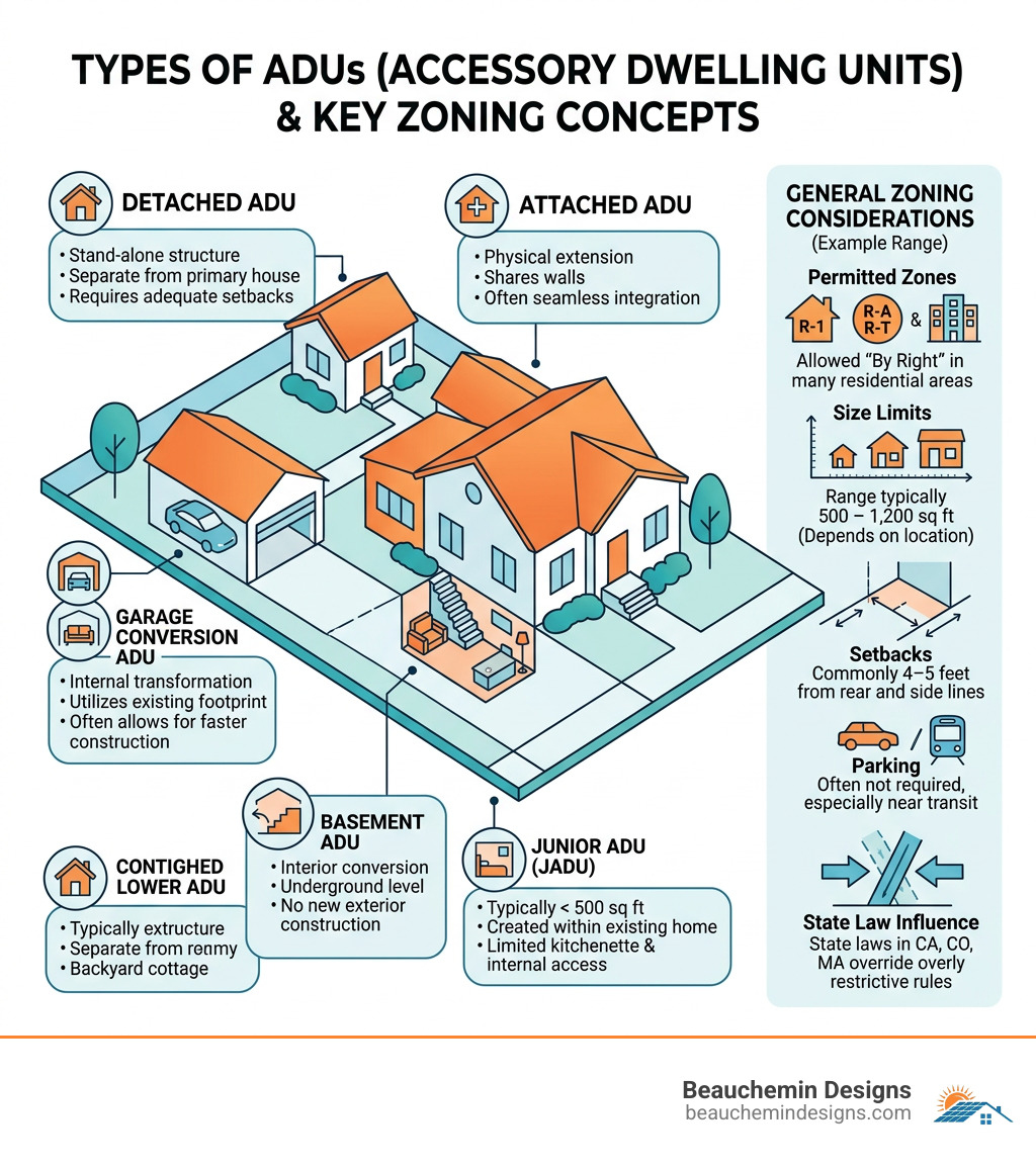 ADU types diagram showing attached, detached, garage conversion, basement, and junior ADU with key zoning rules - zoning for ADU types diagram showing attached, detached, garage conversion, basement, and junior ADU with key zoning rules - zoning for