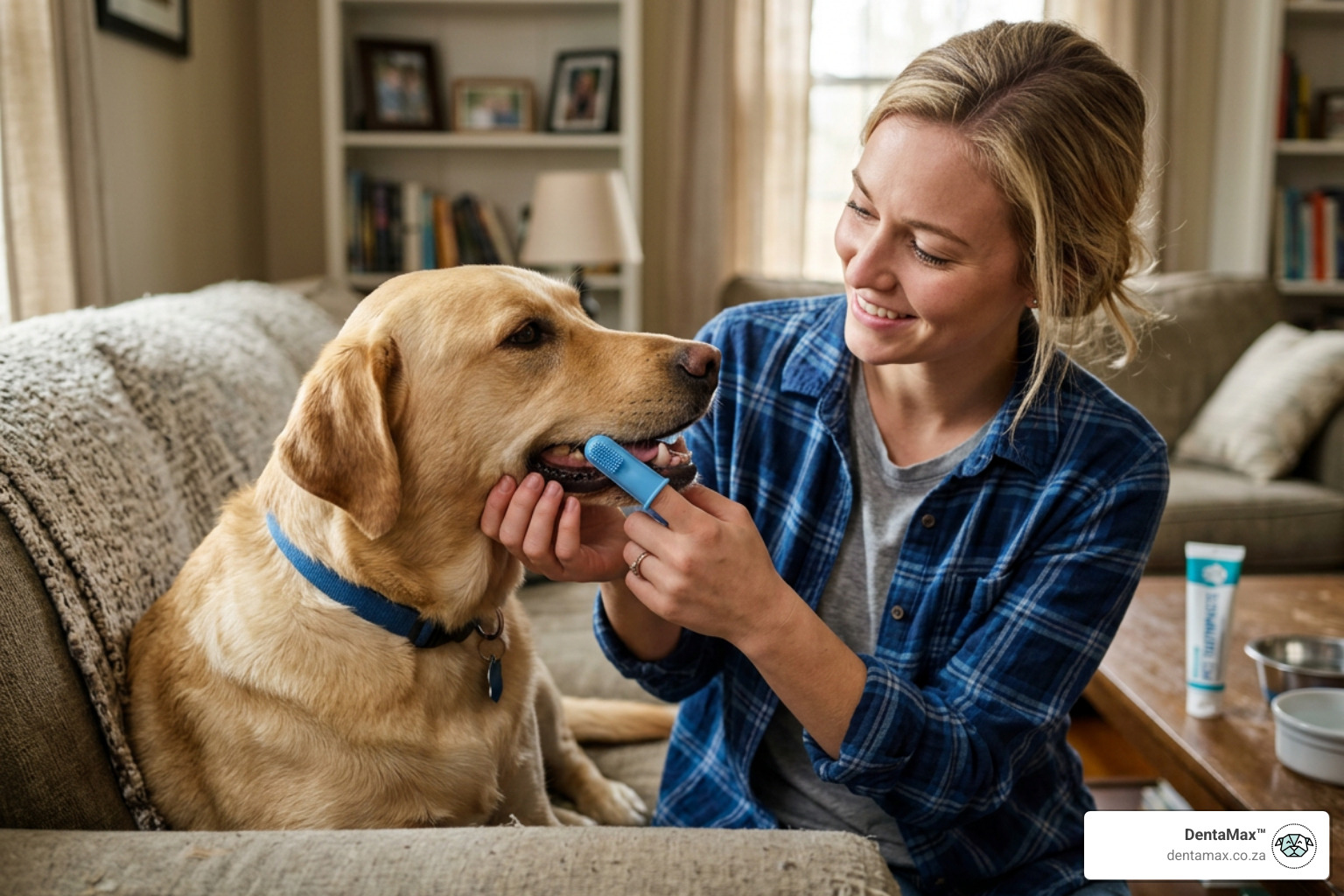A dog owner attempting to brush their dog's teeth with a finger brush - halitosis treatment for dogs