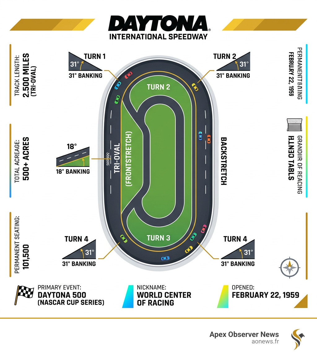Daytona International Speedway 2.5-mile tri-oval track layout infographic with banking angles and key stats - daytona 500