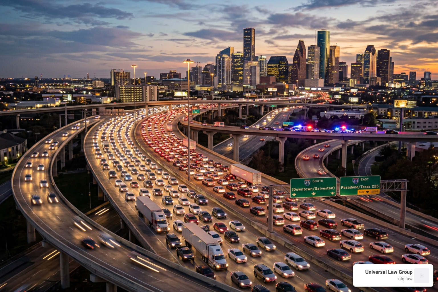Cinematic shot of the I-45 and I-610 interchange with heavy traffic flow and emergency lights in the distance - Most Cinematic shot of the I-45 and I-610 interchange with heavy traffic flow and emergency lights in the distance - Most