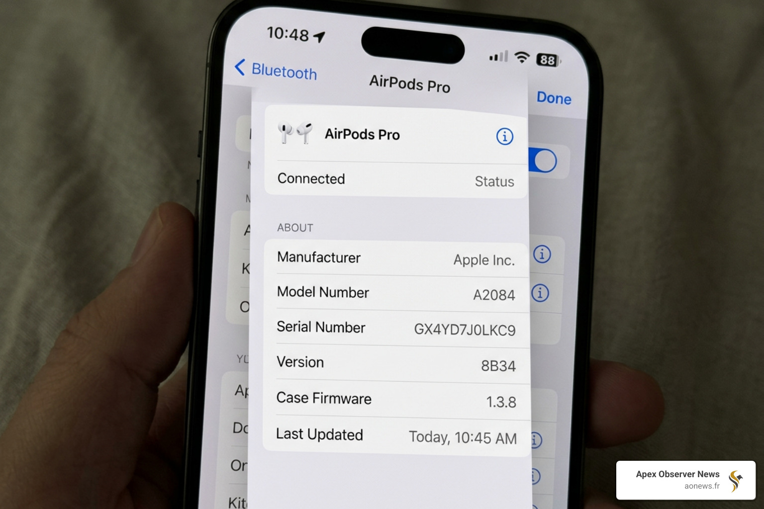 iPhone Bluetooth settings menu showing AirPods version information - airpods update firmware
