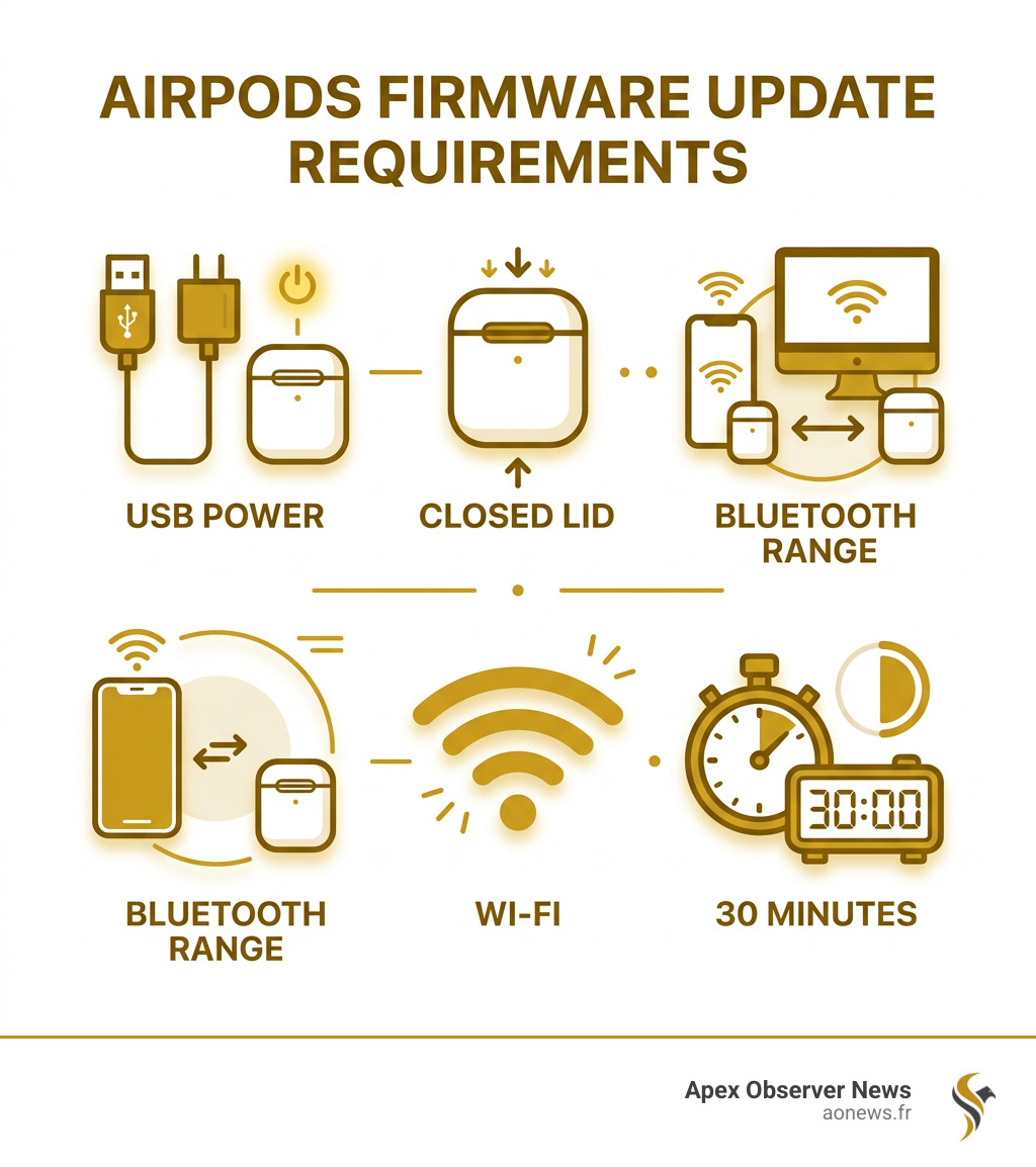 Infographic showing AirPods firmware update requirements: USB power, closed lid, Bluetooth range, Wi-Fi, 30 minutes