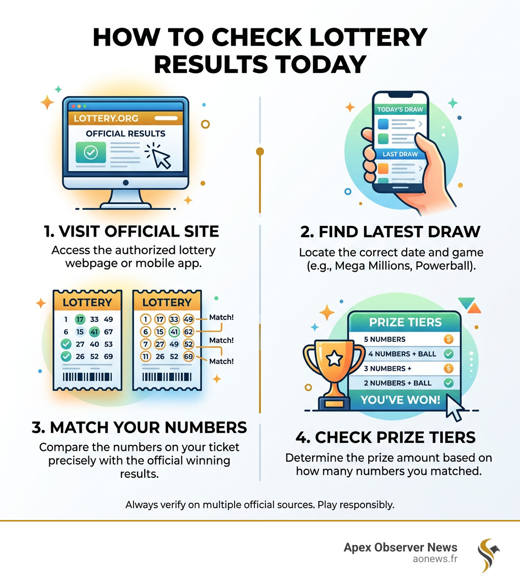 Infographic showing how to check lottery results today: visit official site, find latest draw, match your numbers, check