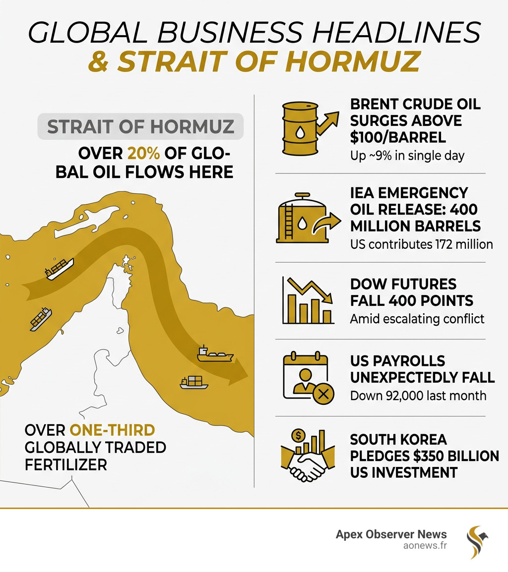 Infographic showing 20% of global oil flowing through Strait of Hormuz and key business headlines - business news today