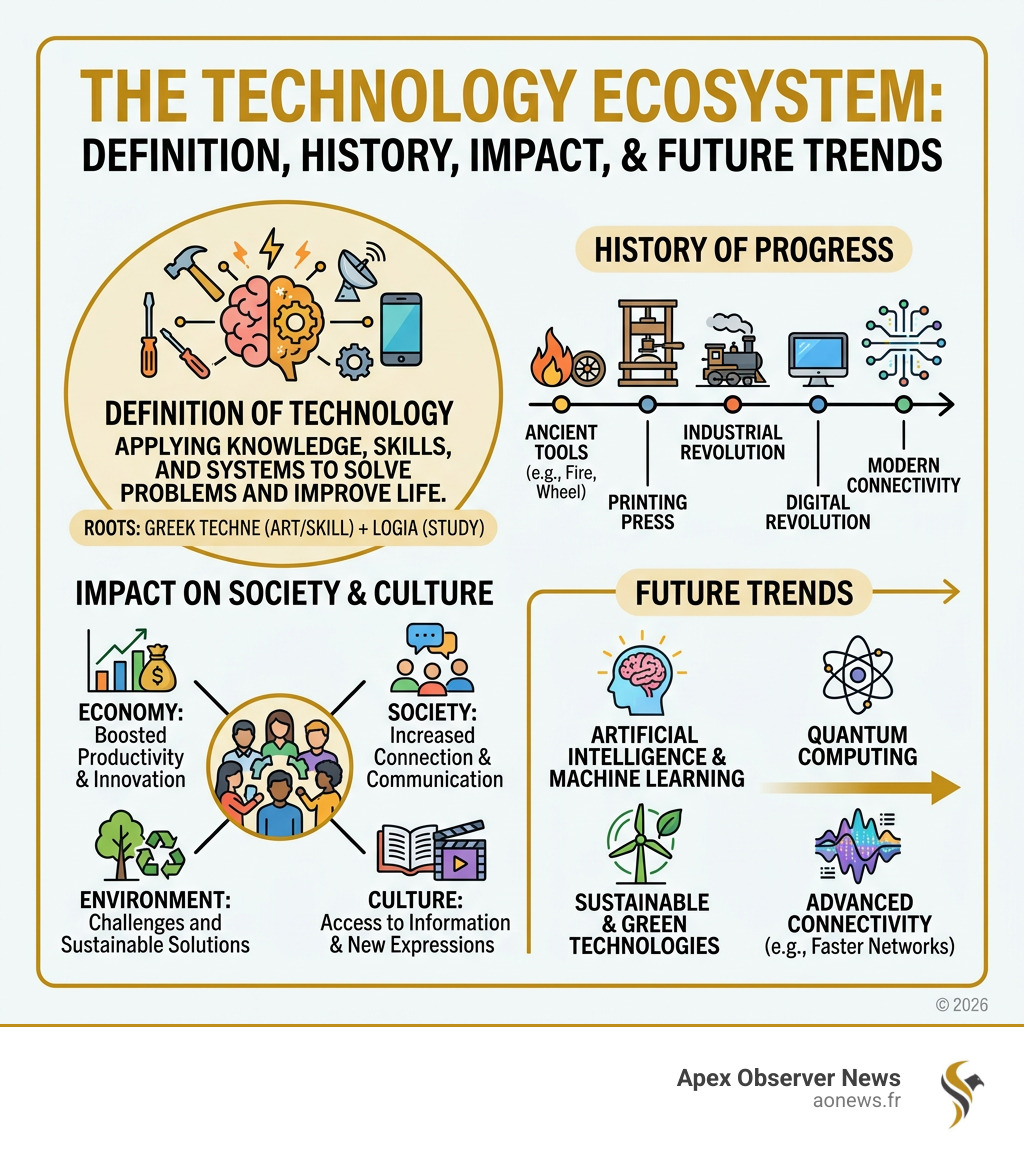Infographic showing the technology ecosystem: definition, history, impact, and future trends - technology infographic 
