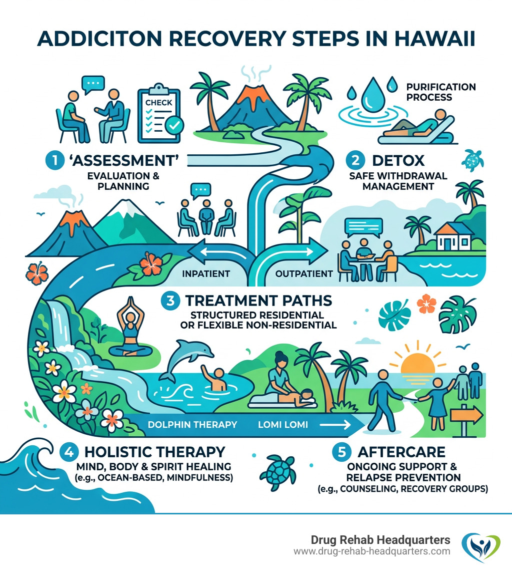 Infographic showing steps of addiction recovery in Hawaii: assessment, detox, inpatient or outpatient treatment, holistic