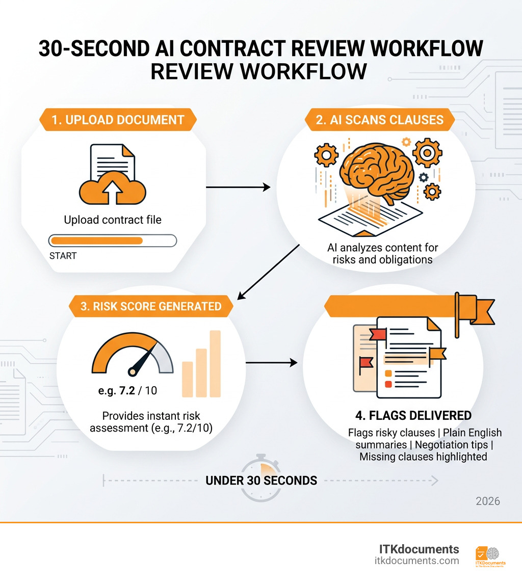 30-second AI contract review workflow 30-second AI contract review workflow: Upload document, AI scans clauses, risk score generated, flags delivered - instant