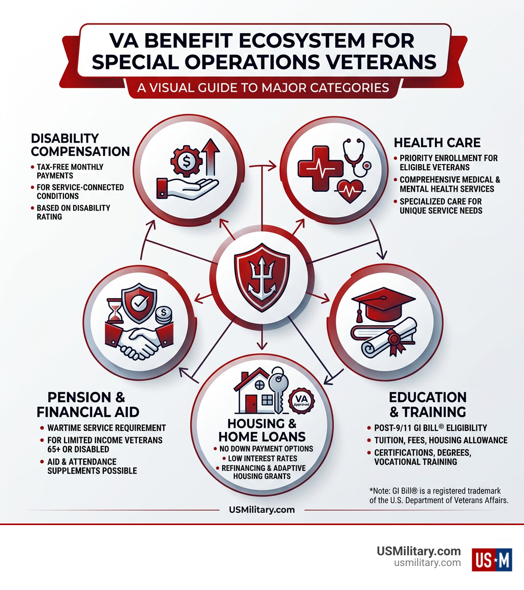 VA benefit ecosystem infographic for special operations veterans showing disability, health care, education, housing, and VA benefit ecosystem infographic for special operations veterans showing disability, health care, education, housing, and