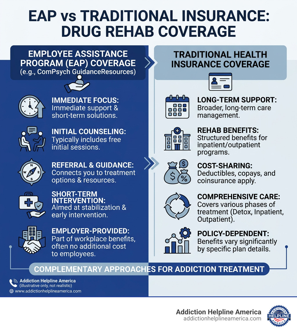 Infographic showing EAP vs traditional insurance differences for drug rehab coverage - ComPsych drug rehab coverage