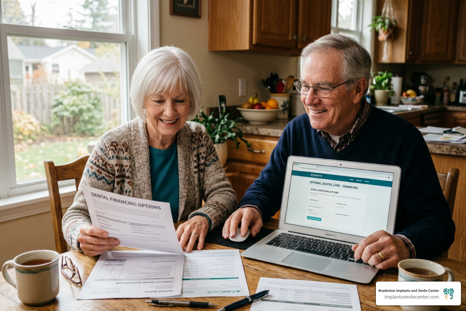 Senior couple sitting at a table reviewing dental financing documents and a laptop - senior dental implants cheap