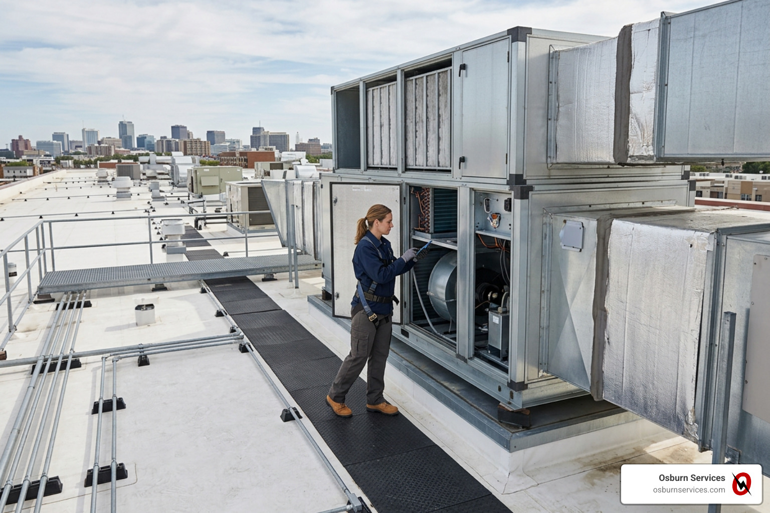 technician inspecting a large scale commercial air handler unit - commercial hvac services technician inspecting a large scale commercial air handler unit - commercial hvac services