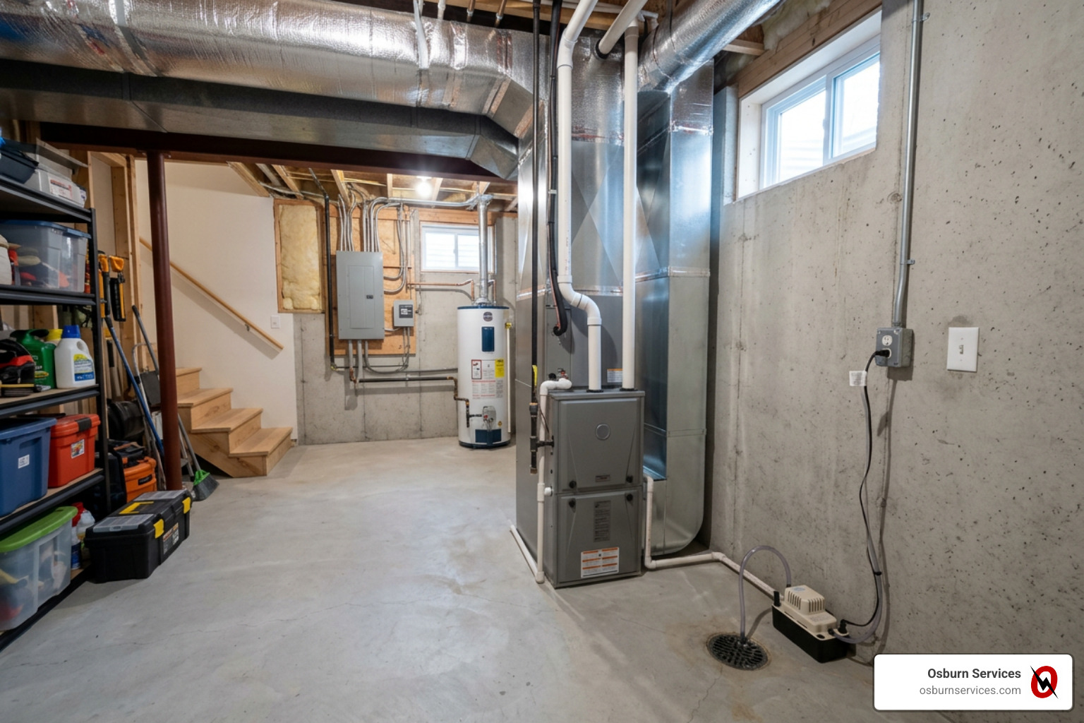 high efficiency furnace installed in a clean residential basement utility room - heating services high efficiency furnace installed in a clean residential basement utility room - heating services