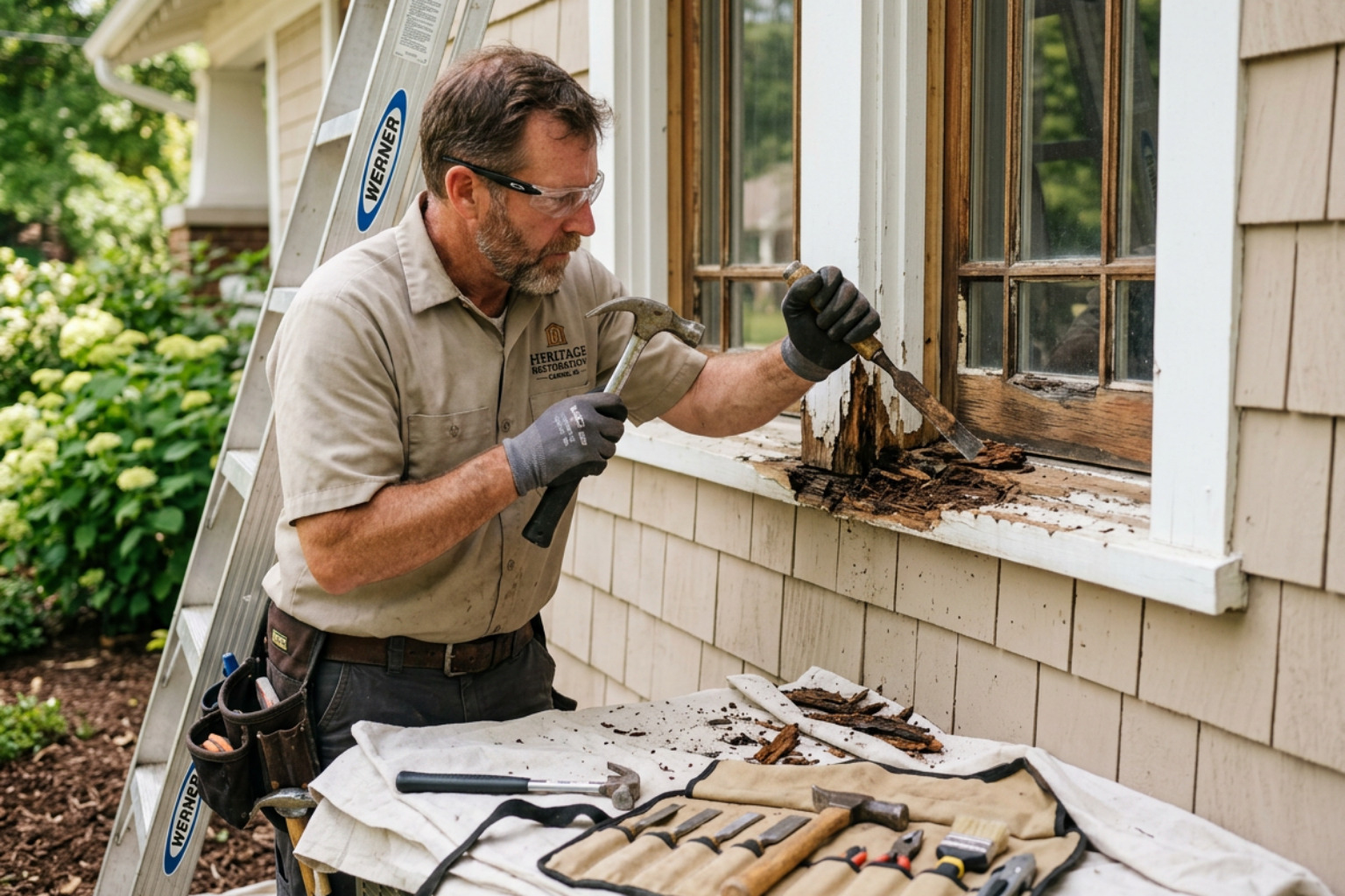 exterior wood rot repair on a Carmel home, carpentry repairs Carmel area