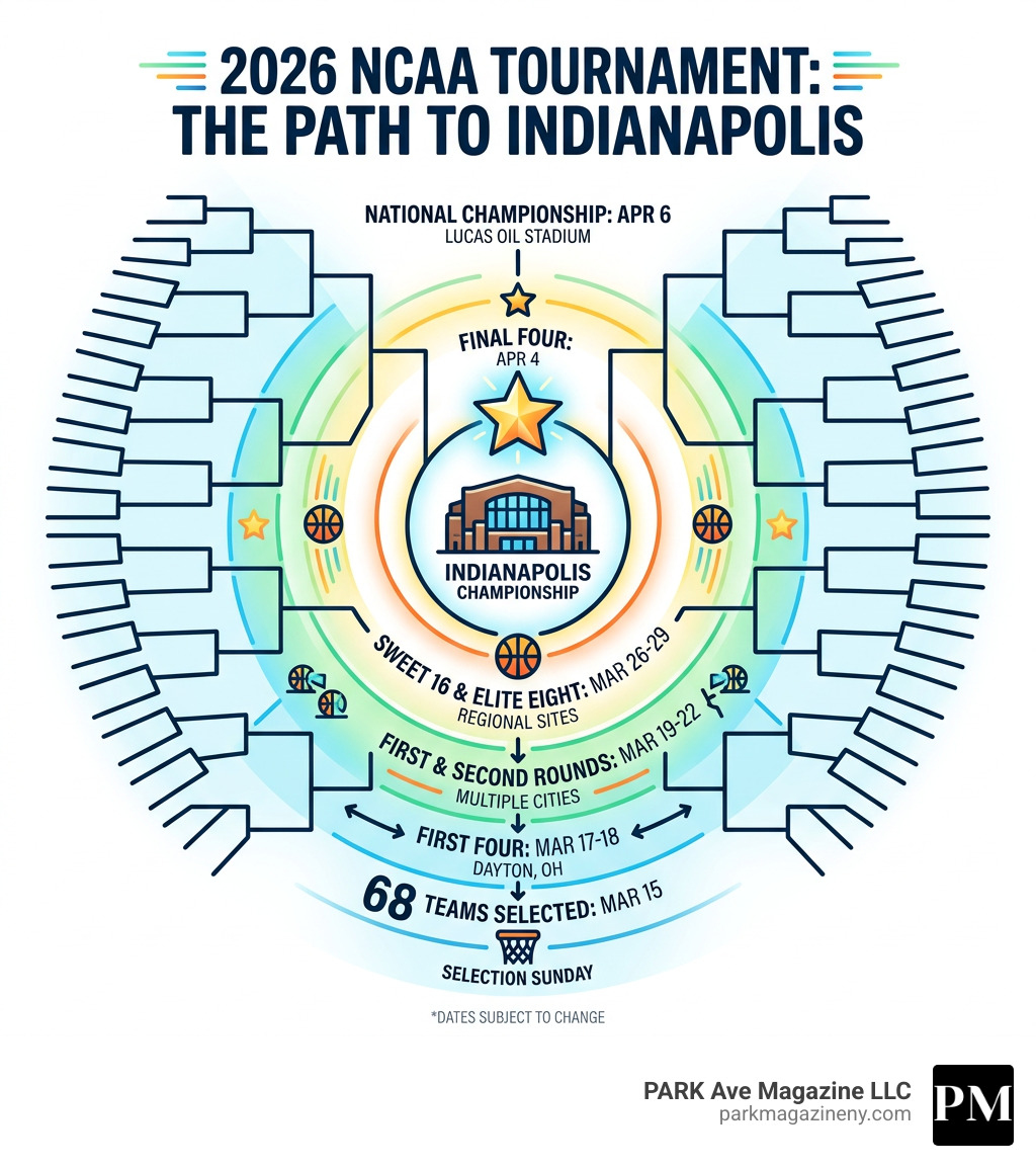 2026 NCAA Tournament bracket structure and path to Indianapolis championship - when does march madness start infographic 