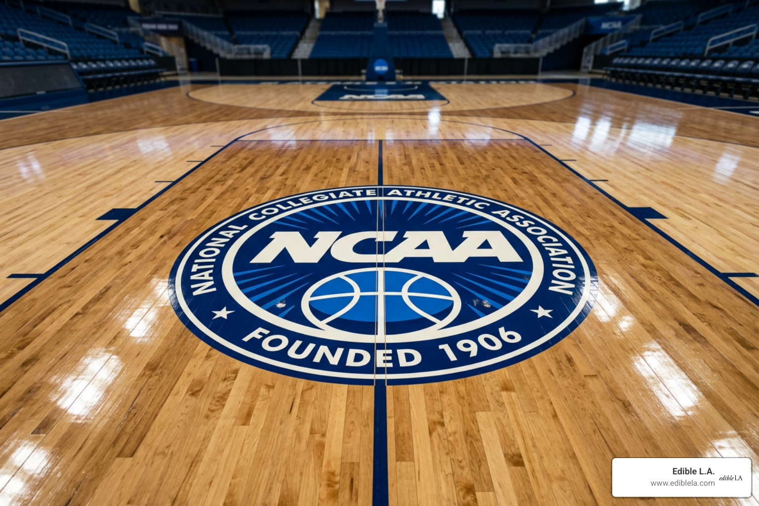 NCAA logo on a polished basketball court floor - when does march madness start