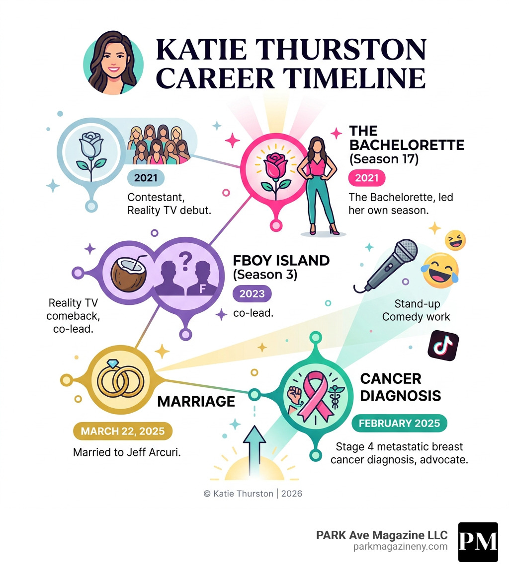 Katie Thurston career timeline infographic: Bachelor, Bachelorette, FBoy Island, marriage, cancer diagnosis - katie thurston