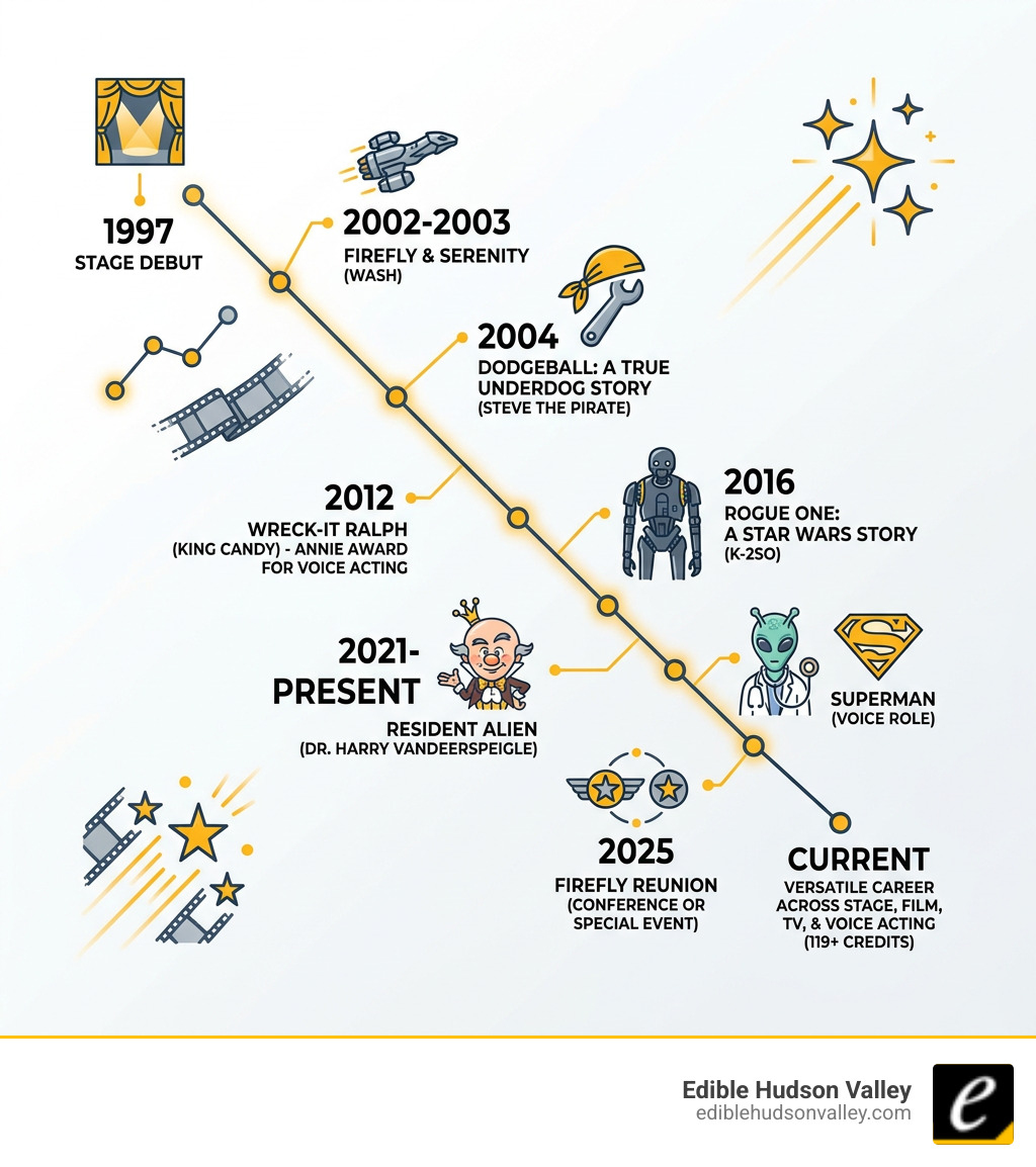 Alan Tudyk career timeline infographic from 1997 stage debut to 2025 Superman and Firefly reunion - alan tudyk infographic 