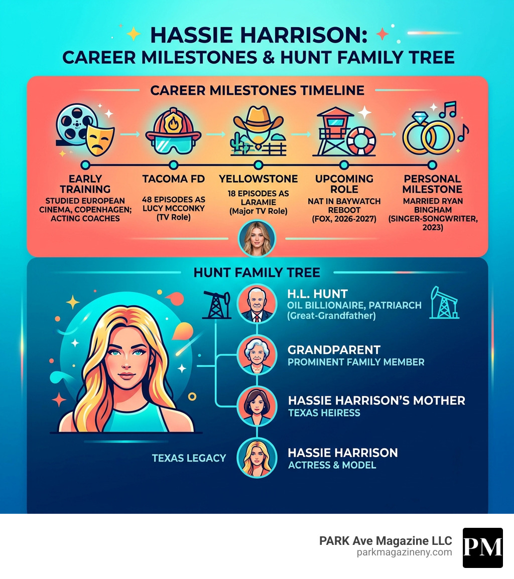Hassie Harrison career milestones timeline and Hunt family tree infographic - hassie harrison infographic 
