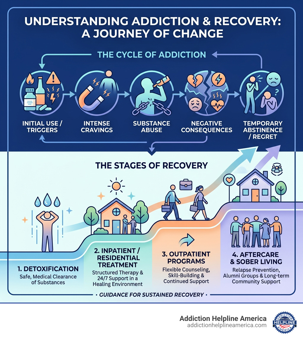 Infographic showing the cycle of addiction and the stages of recovery from detox to aftercare - best drug rehab infographic 