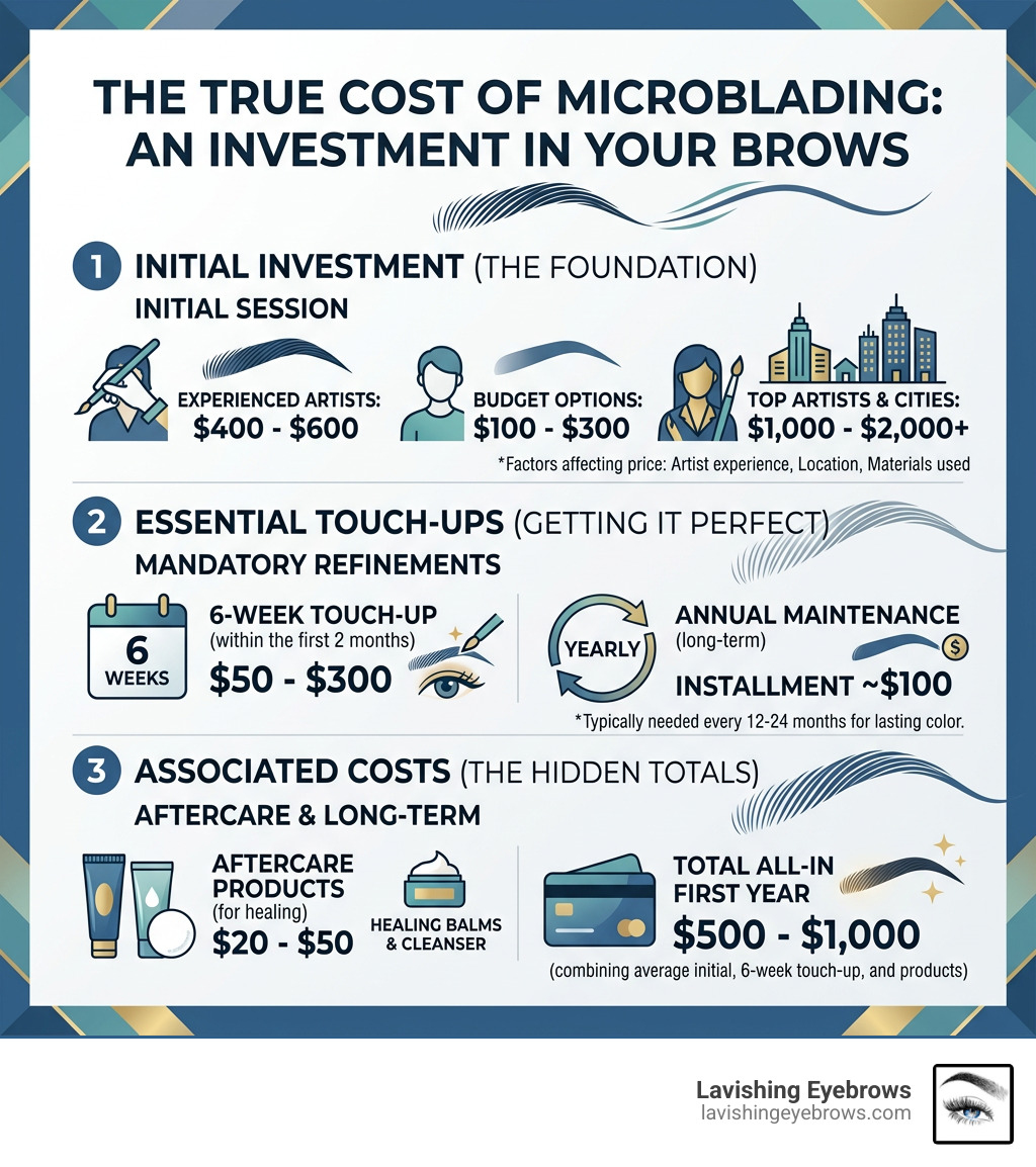 Microblading cost breakdown from initial session to long-term maintenance infographic - how much does eyebrow microblading