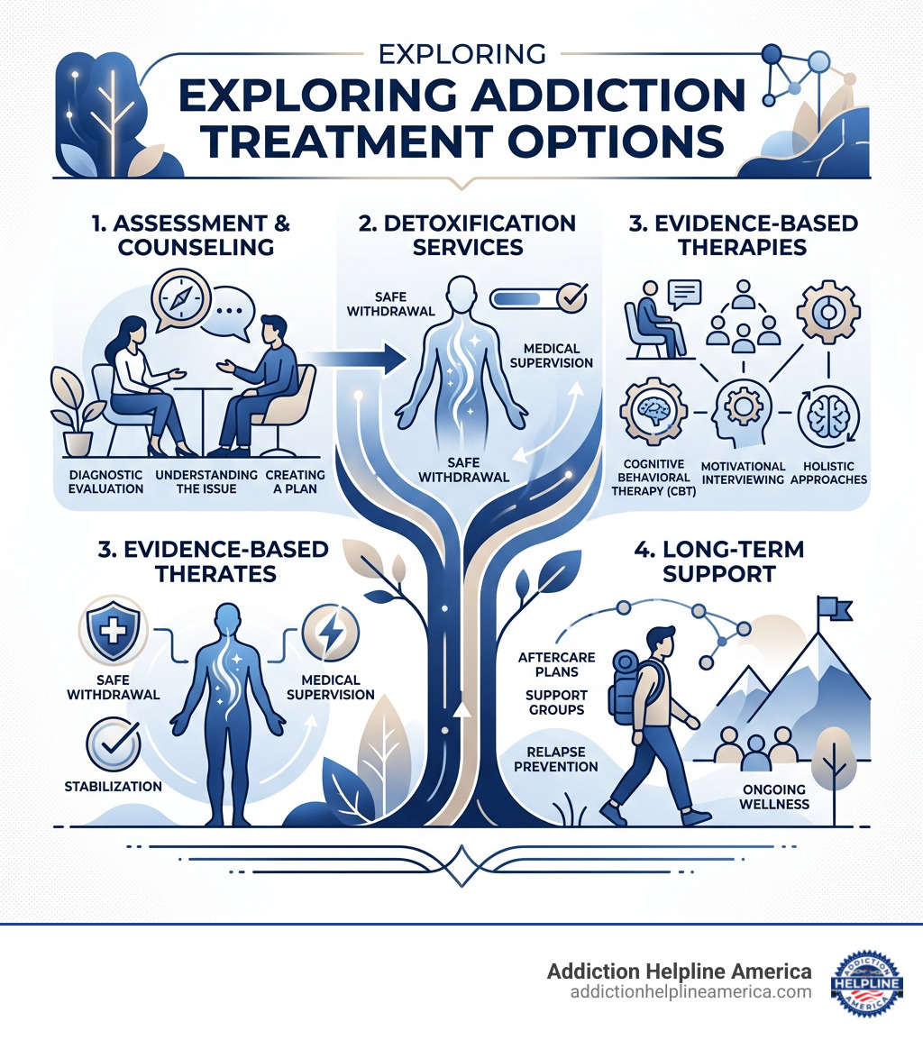 Infographic showing the addiction treatment cascade of care from outpatient to inpatient to MAT and support groups