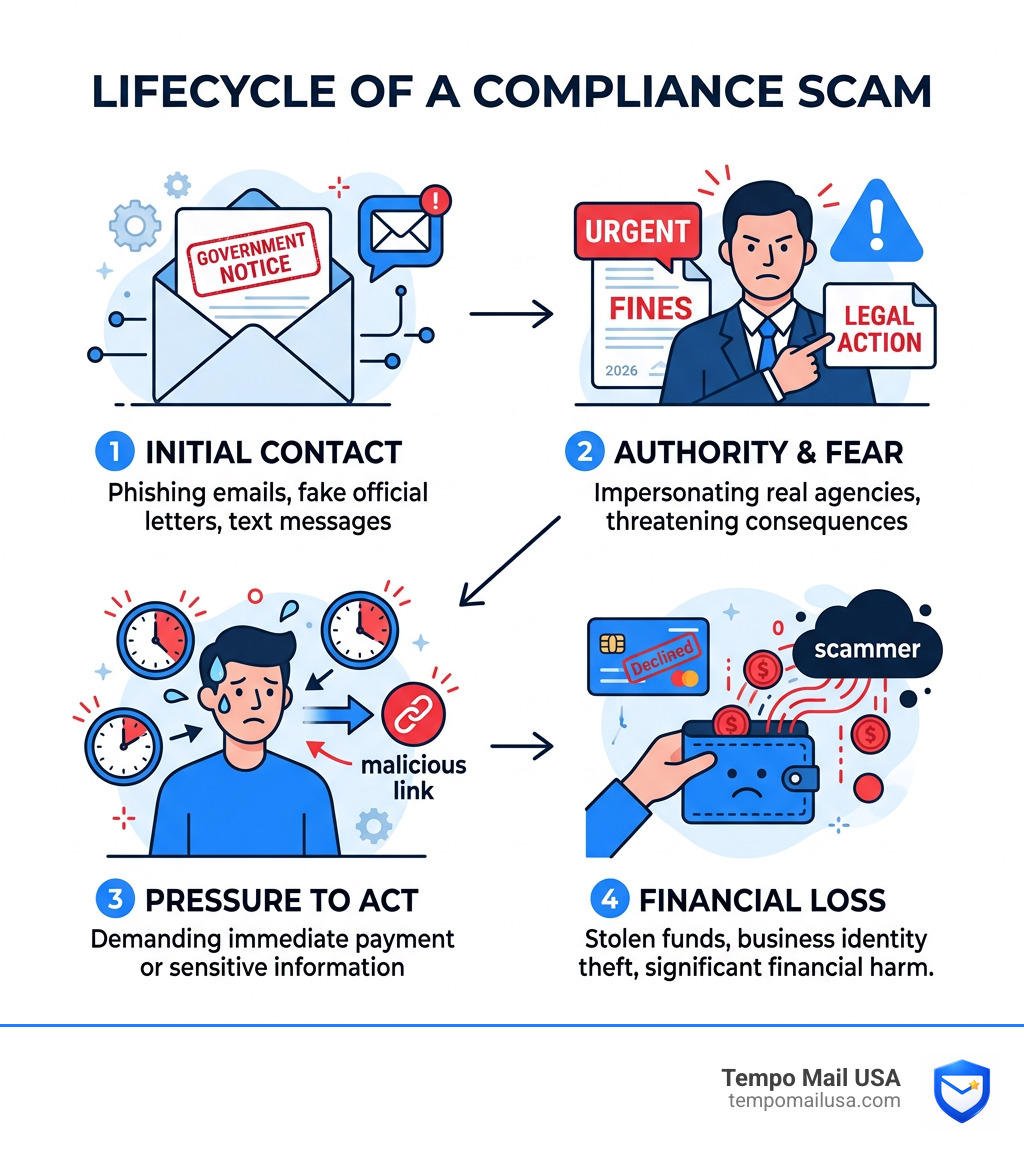 Lifecycle of a compliance scam from first contact to financial loss - Department of Legal Compliance Scam update infographic Lifecycle of a compliance scam from first contact to financial loss - Department of Legal Compliance Scam update infographic