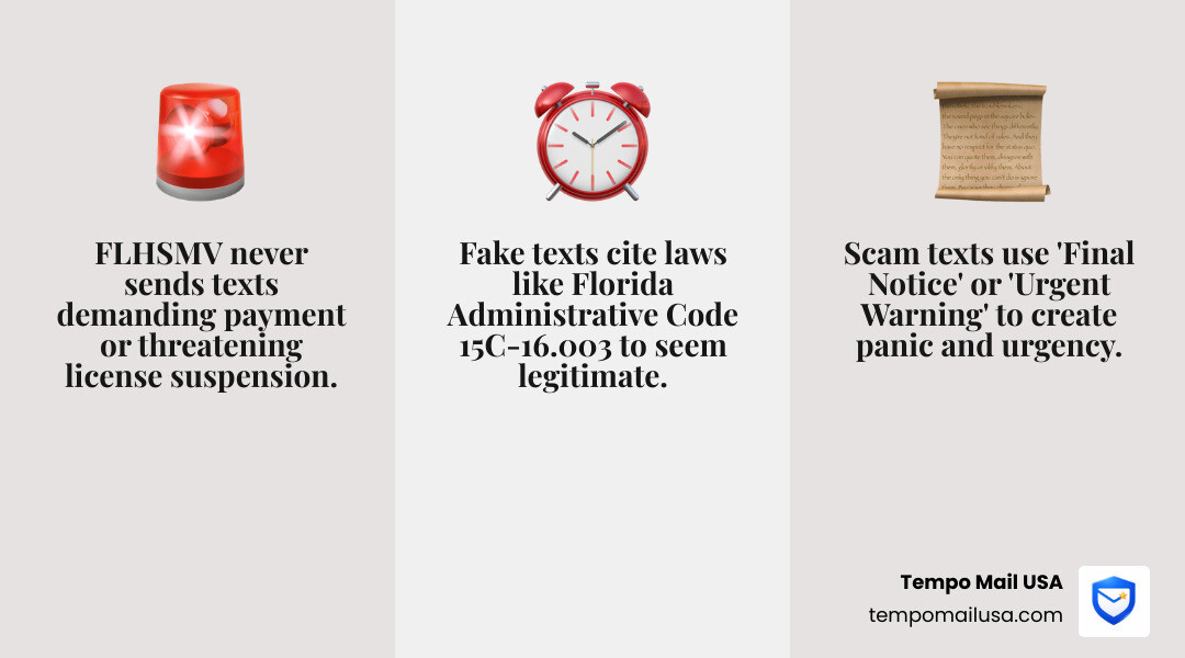 Infographic showing anatomy of an FLHSMV smishing scam text with red flags labeled - FLHSMV scam text infographic Infographic showing anatomy of an FLHSMV smishing scam text with red flags labeled - FLHSMV scam text infographic