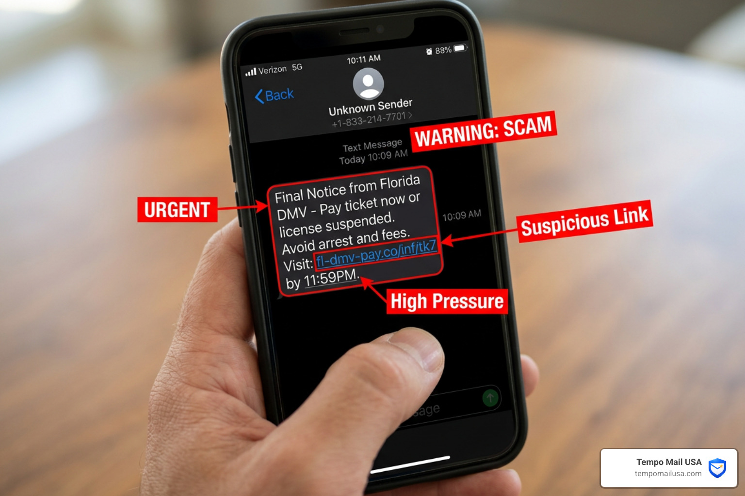 Smartphone screen showing a scam text with red flags like "Final Notice" and a suspicious link highlighted - FLHSMV scam text Smartphone screen showing a scam text with red flags like "Final Notice" and a suspicious link highlighted - FLHSMV scam text