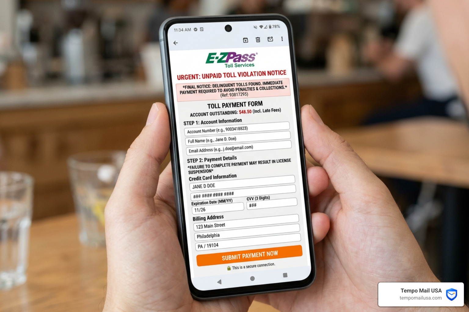 A fake E-ZPass payment portal designed to steal credit card information - EZPass scam text A fake E-ZPass payment portal designed to steal credit card information - EZPass scam text
