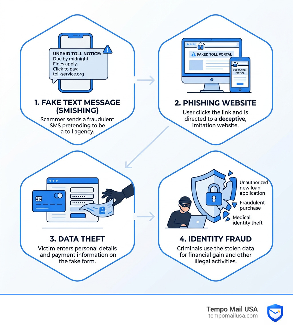 Lifecycle of a smishing attack: fake text, phishing site, data theft, identity fraud - EZPass scam text infographic Lifecycle of a smishing attack: fake text, phishing site, data theft, identity fraud - EZPass scam text infographic