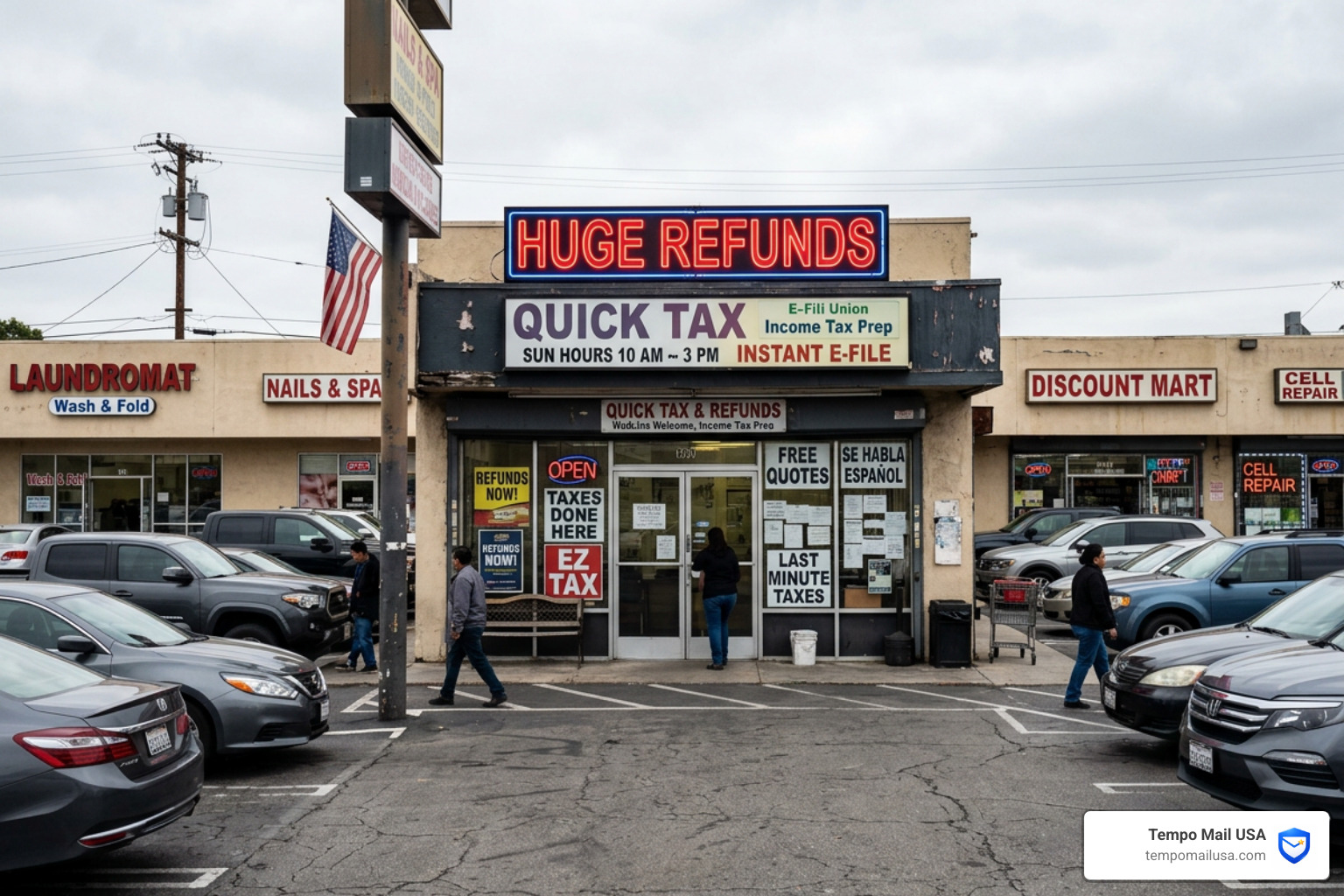 A shady temporary tax office in a strip mall with a "Huge Refunds" sign - IRS tax scam 2026 A shady temporary tax office in a strip mall with a "Huge Refunds" sign - IRS tax scam 2026